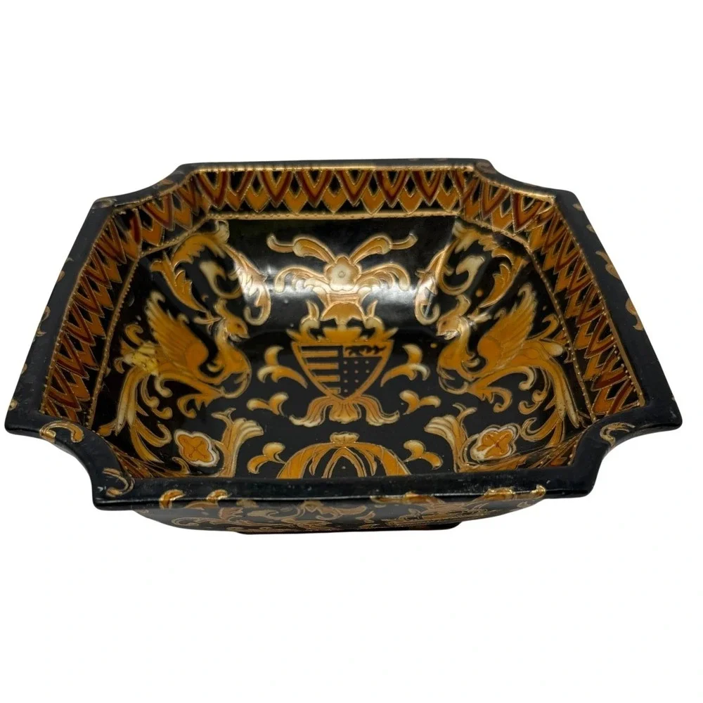 Vintage Bowl Black Gold Heraldic French Phoenix Crest‎ Square Chinoiserie 8
